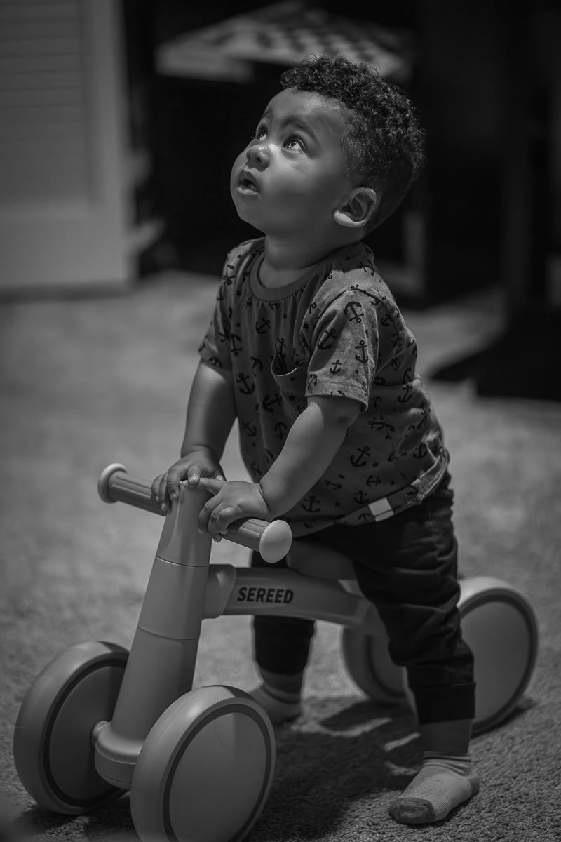 Young boy on a balance bike — black and white