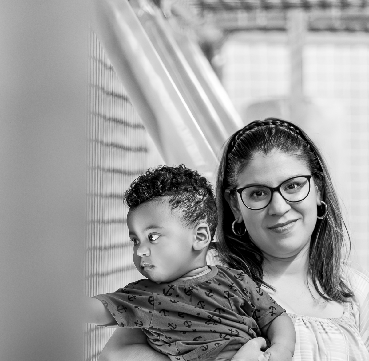 Mother and son — black and white portrait